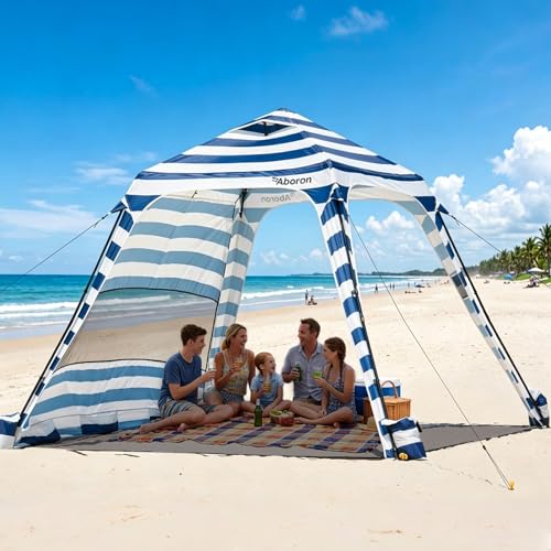 Blue Stripes 10x10 FT Beach Canopy with Side Walls - UV-Blocking Sun Shelter for Camping & Outdoor Events