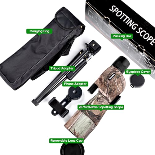 GUAINEE 25-75x60 Spotting Scope with Tripod Phone Adapter Waterproof for Bird Watching Hunting