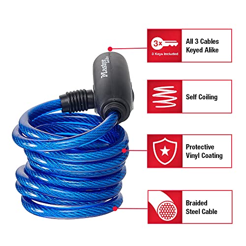 6 ft. Long Bicycle Cable Locks with Keys - Pack of 4 Colorful Keyed-Alike Cables