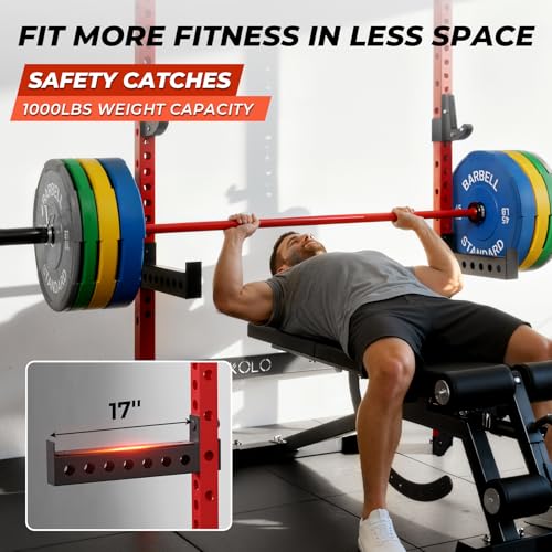 Red Folding Wall Mounted Squat Rack - Space-Saving Power Rack with Pull-Up Bar and Safety Catches