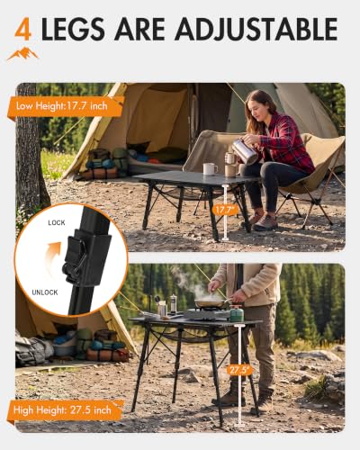 Portal Camping Folding Aluminum Table with Mesh Storage - Black, Large 35.4"L x 20.9"W, Adjustable Height