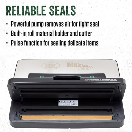 LEM MaxVac 250 Vacuum Sealer Machine - Heavy-Duty Food Preservation, Food Sealer with Roll Cutter, One-Hand Locking Lid
