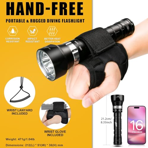 6000 Lumens Underwater Dive Light - Rechargeable Waterproof Scuba Torch with Wrist Mount
