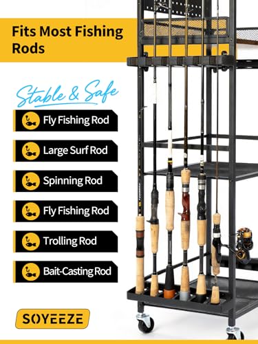 Fishing Rod Holders for Garage - Holds Up to 12 Rods with Pegboard Hooks - Black, 3-Sided with 6 Hooks