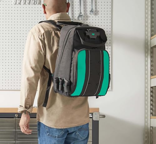 Amazon Basics Tool Backpack with LED Light, 55 Pockets, Padded Straps — Durable Storage Bag for Tools, Black (Variation of Backpack)