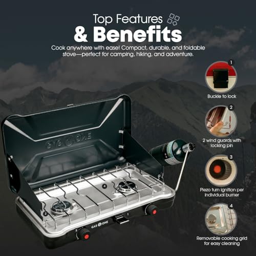 GasOne PS-2500MBA Portable Camping Stove - Double Propane Cooktop with Auto Ignition - Midnight Blue