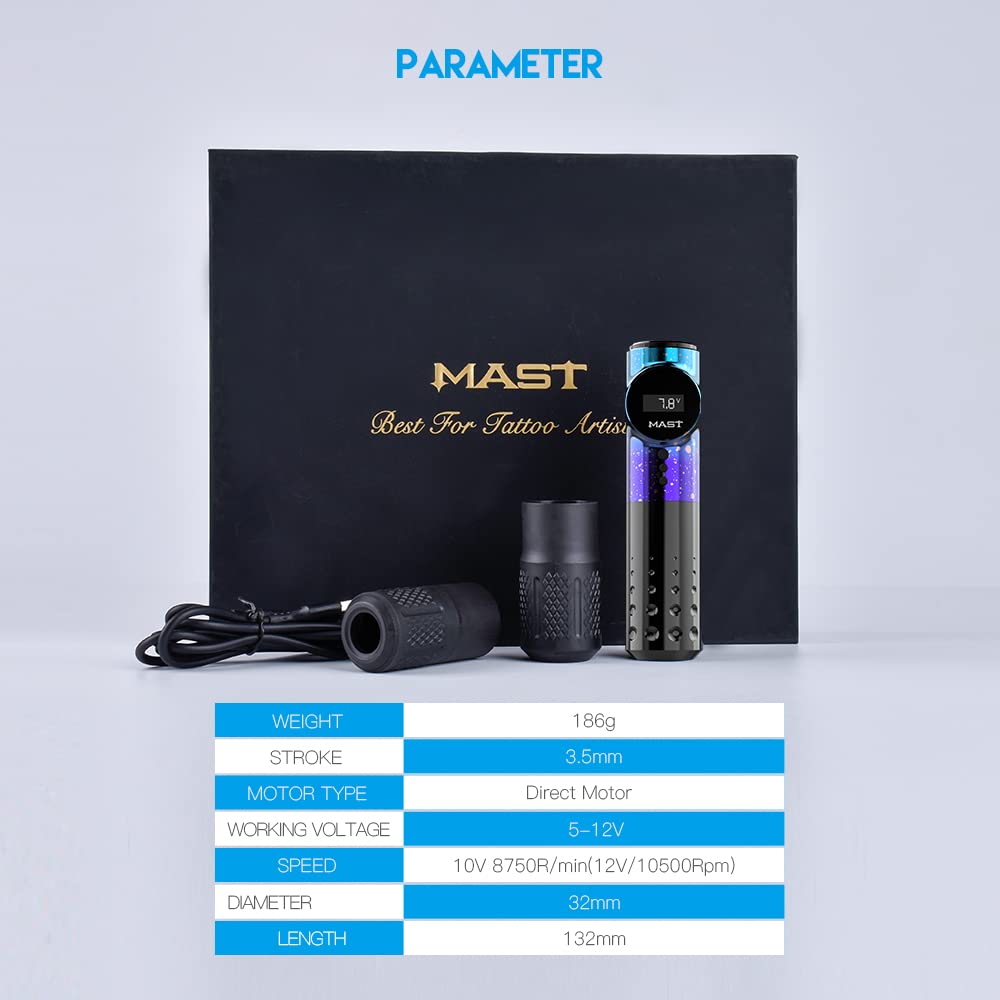 Mast Archer Wireless Tattoo Machine Rotary Tattoo Gun Pen Style Supply Coreless Motor 2,000mAh Battery Power 4.2mm Stroke Black