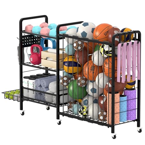 DUDUXI Deep Black Garage Sports Equipment Organizer with Wheels - Multi-Tier Ball Storage Rack with Hooks & Baskets