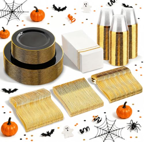 Black and Gold Disposable Dinnerware Set for 50 Guests - Plates Cups Napkins Utensils
