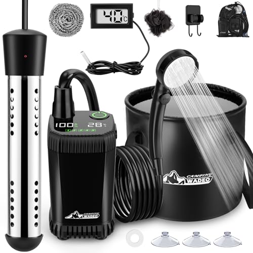 WADEO Portable Camping Shower with Heater, LED Display, 5 Gal Foldable Bucket, 4 Spray Modes