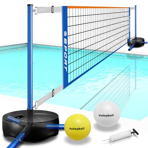Blue Portable Pool Volleyball Net System with Water Volleyballs, Adjustable 15-25FT, Heavy Duty Base