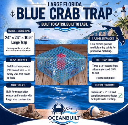 Florida Large Blue Crab Trap - 11x24x24 Saltwater Crab Pot - Heavy Duty PVC Coated Wire - Variation: FL Large Trap Only