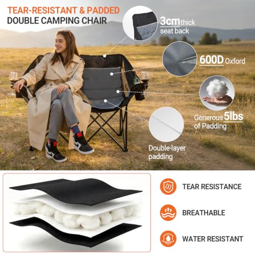 Leadpro 700LBS Heavy Duty Double Camping Loveseat Chair - Black Grey
