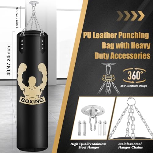 Black 4FT Filled Punching Bag for Adults with Gloves and Accessories