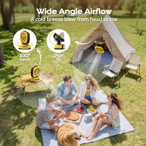 Poxsmuly Yellow Portable Dewalt 20V Max Battery Fan with USB & LED Light - 4 Speeds