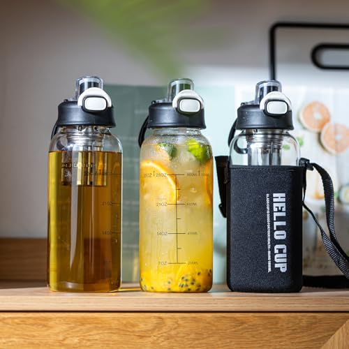 35oz Glass Water Bottle with Time Marker, Straw & Tea Infuser - BPA-Free & Leakproof, Includes Protective Sleeve - 1PCS