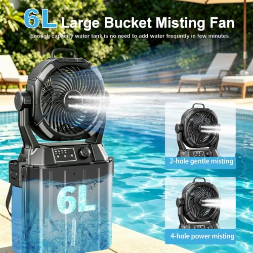 Brightpik Black Portable Misting Fan with 6L Bucket, 20,000mAh Battery, Stepless Speed, Timer & Rotating Hook