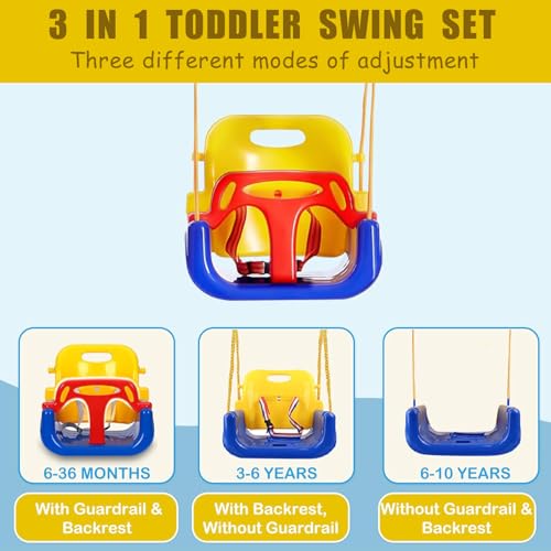 FCOUMY 3-in-1 Toddler Swing Set Blue Yellow - Indoor & Outdoor Baby Swing with Safety Belt, Foldable Metal Frame, Easy Assembly