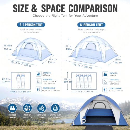 XL Blue 4-Person Waterproof Dome Camping Tent - Lightweight & Spacious