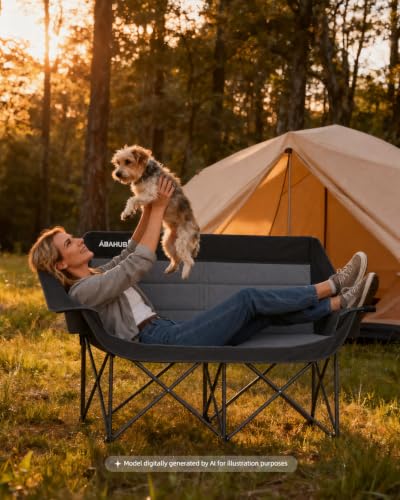 Abahub Double Loveseat Camping Chair Black-Grey Heavy-Duty Portable Folding Outdoor Seating