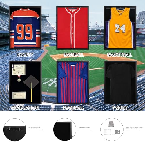 Black Jersey Display Case with Locks, UV Protection Acrylic, 3 Display Options, 31.25x23.25 Inches - Black Frame 1 Pack