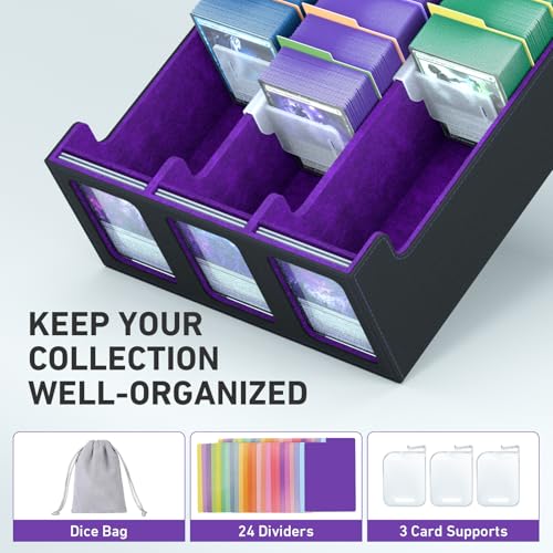 Purple 3-Row Trading Card Storage Box for 2400+ Cards with Dividers & Supports