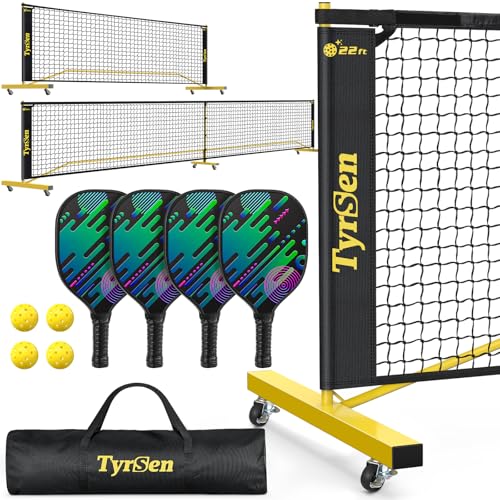 TYRSEN Wooden Pickleball Paddles & Set with 11ft & 22ft Portable Net, Wheels, Balls & Carry Bag