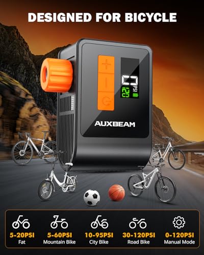 Auxbeam Amber Tiny Electric Bike Pump with Gauge - Portable 120PSI Bicycle Inflation for Road, Mountain & E-Bikes