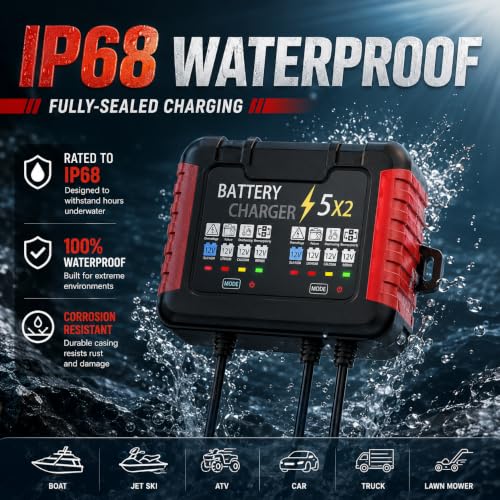12V 2-Bank Marine Battery Charger 10A Waterproof 6-Stage Trickle Charger