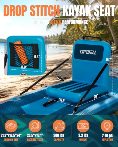 UPWELL Blue Inflatable Kayak Seat with Back Support, Drop Stitch Paddle Board Cushion