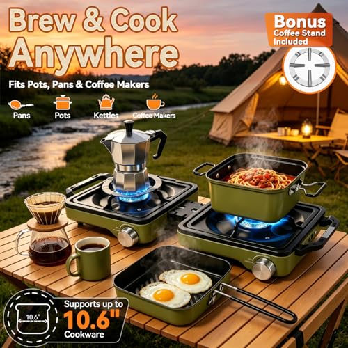 Green 2 Burner Portable Propane Camping Stove Kit with Frying Pan & Pot - Foldable Hiking Cookware Set