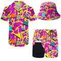 X-Large Mens Hawaiian Shirt and Shorts Set 80s 90s Retro Outfit with Bucket Hat