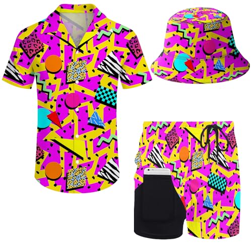 X-Large Mens Hawaiian Shirt and Shorts Set 80s 90s Retro Outfit with Bucket Hat