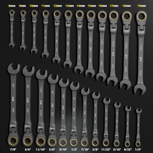 KJE 24-Piece Black Nickel Metric & SAE Flex-Head Ratchet Wrench Set, 90-Tooth, 8-19mm & 1/4"-7/8" with Organizer Bag