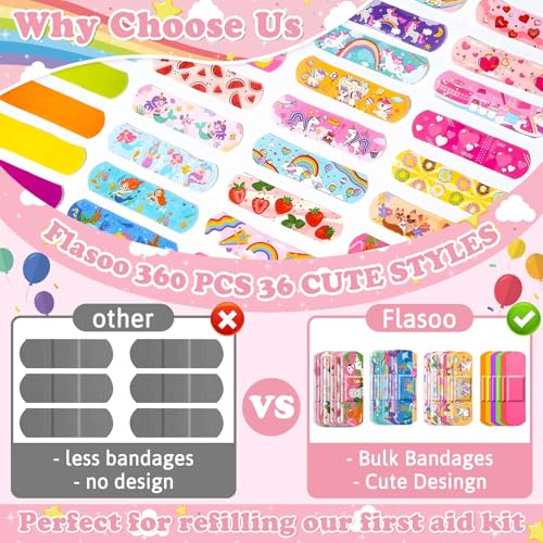 Sweet & Cute Kids Cartoon Bandages 360 Pcs - Mermaid & Rainbow Styles Waterproof & Flexible | Girl & Boy First Aid