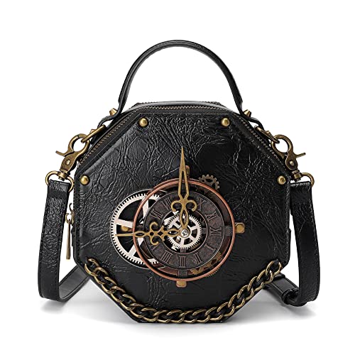 Leather Steampunk Messenger Bag for Women Black 166 - Retro Crossbody Satchel