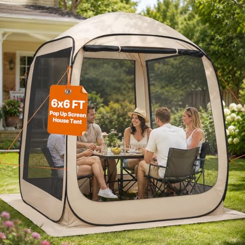 Beige VEVOR 6x6.7 ft Pop-Up Screen House Tent for Outdoor Gatherings