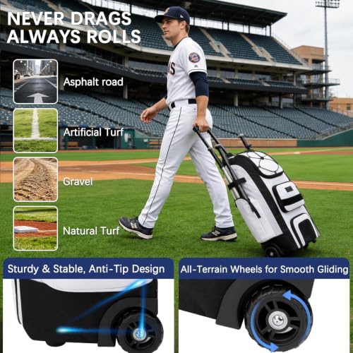 White 55L Wheeled Baseball & Softball Bag with Bat Holders & Ventilated Cleat Compartment