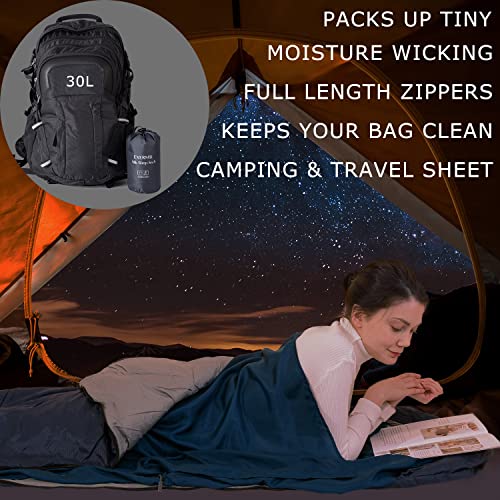 EXERMIL Navy Blue Silk Sleep Sack with Zippers - Large Travel & Camping Sheet, 87x43 inches, All Seasons, Unzips to Bed Sheet, Lightweight