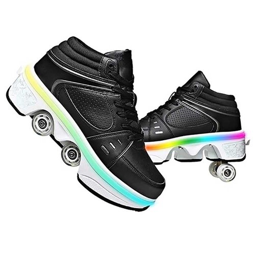 Roller Skates for Women Men Outdoor,2 in1 Parkour Shoes with Wheels for Girls/Boys,Double Row Deform Kick Roller Shoes Retractable Adults/Kids,Quad Roller Skates,Skating Shoes Recreation Sneakers