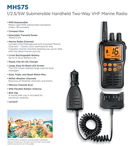 Uniden Waterproof Handheld Marine Radio, VHF 2-Way with NOAA Weather, Submersible & 3 Watt Transmit