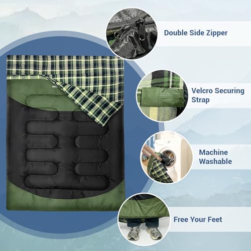WKFAMOUT Olive Flannel Double Sleeping Bag for Adults, 2 Person Waterproof Queen Size, 3-4 Seasons Camping Bed with Compression Sack