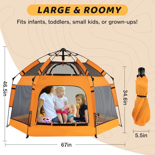 GEIYATOI Orange Baby Pop Up Playpen with UV Canopy & Safety Lock, Portable Indoor & Outdoor Toddler Play Yard