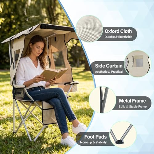 Cream White Camping Chair with Canopy & Cup Holder - Portable Folding Recliner for Adults