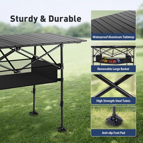 Alpha Camp Tall Folding Camping Table with Adjustable Height & Storage Mesh Basket