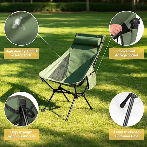 TOBTOS Portable High Back Camping Chair, Support 440 lbs, Ultralight Folding Chair with Head Support, Compact Backpacking Chair for Outdoor Camp Backpacking Fishing (Green)