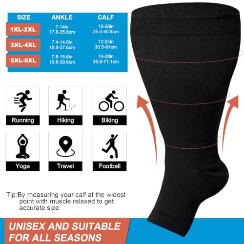 Plus Size Toeless Compression Socks for Women Open Toe Wide Calf Support - 5X-Large to 6X-Large, Black