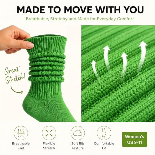 Women Slouch Socks - Cozy Scrunch Long Stack Socks, 80s 90s Style, Medium Thick Green