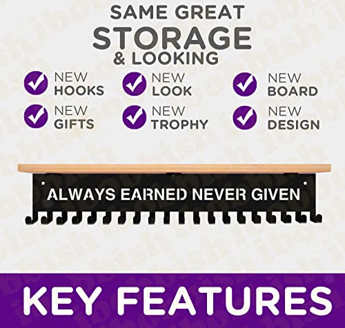 16-Inch Trophy and Medal Display Shelf with Hooks - Upgraded Metal Wall Mount