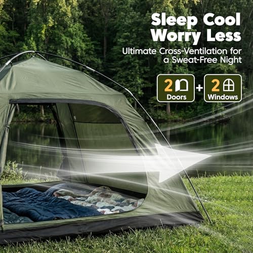 6 Person Camping Tent with 2 Doors Rainfly - Green, Extra Spacious